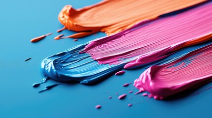 Splatter abstract background idea. Vibrant paint strokes in bold colors against a blue background, showcasing creativity.