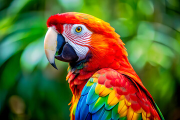 Naklejka premium Beautiful Scarlet macaw on nature background, close-up portrait.