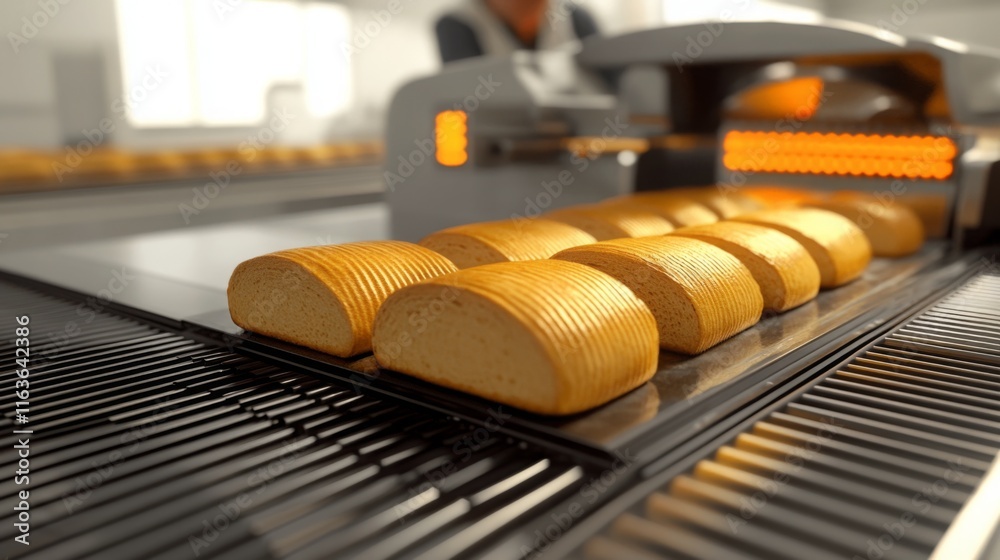 Aufkleber AI technology is utilized in a modern food production line where freshly baked bread loaves move seamlessly. The process emphasizes efficiency and quality in food manufacturing.