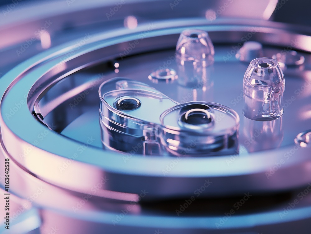 Poster close-up of a metallic device with transparent components, showcasing intricate design and modern te