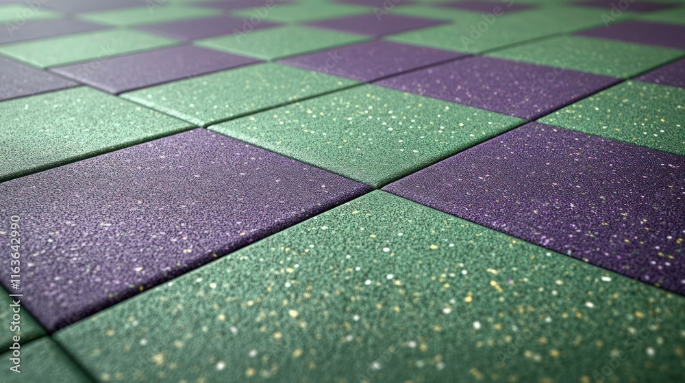 Sticker a unique rubber playground surface with a checkerboard pattern in alternating green and purple tiles