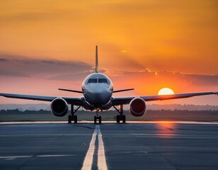An airplane stands ready for take-off on the airport runway with sunset