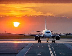An airplane stands ready for take-off on the airport runway with sunset