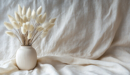 A photo of a vase with dried rabbit tails on a beige cloth on a white background.