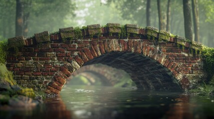 Mossy brick arch bridge over tranquil stream in misty forest.