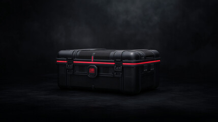 Closed black and red toolbox case on dark background