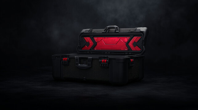 Opened black and red toolbox case on dark background