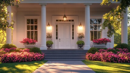 Welcoming white front door with porch vibrant garden residential area daylight inviting atmosphere for curb appeal enhancement
