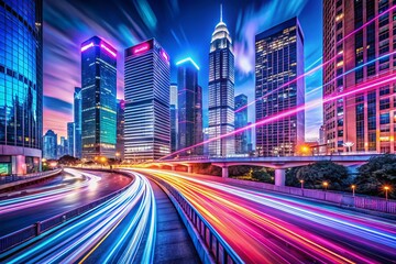 Fototapeta premium Vibrant Neon Cityscape at Night - Long Exposure of Modern Urban Architecture and Dynamic City Life