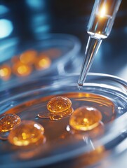 Close-up of a dropper dispensing orange liquid into a petri dish filled with droplets.
