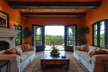 Mediterranean farmhouse living room design modern interior scenic outdoor view cozy environment inviting concept for stylish homes