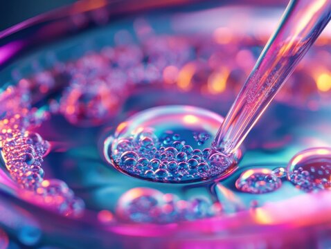A close-up of vibrant liquid with bubbles, showcasing liquid science experiments in colorful lighting.