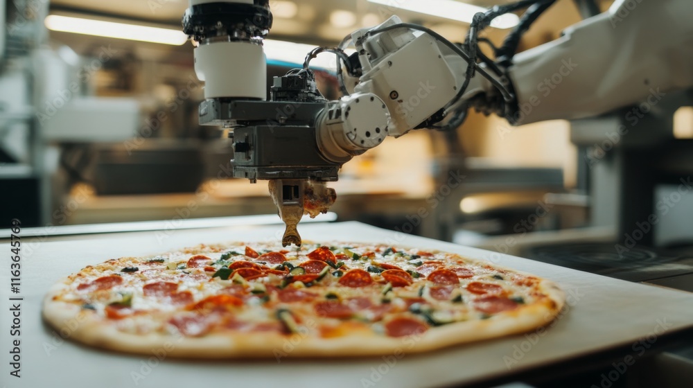 Aufkleber a robotic arm is skillfully placing toppings on a freshly made pizza in an industrial kitchen. this 