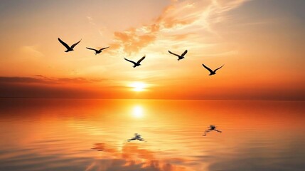 Obraz premium Silhouettes of birds in flight at sunset over a calm reflecting ocean.