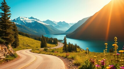 Scenic winding road journey through a majestic mountain landscape with a tranquil lake at sunset