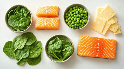 Various vitamin D-rich foods like salmon, spinach, and cheese are artistically arranged on a light background, showcasing their colors and textures