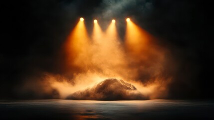 Fototapeta premium Golden Hour Peak: Dramatic light illuminates a mysterious mountain peak in a smoky, atmospheric scene.