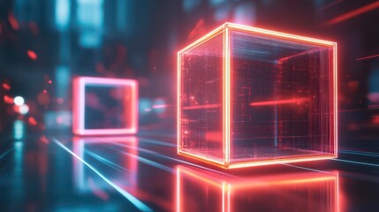 Glowing Neon Cubes in a Dark, Futuristic Cityscape