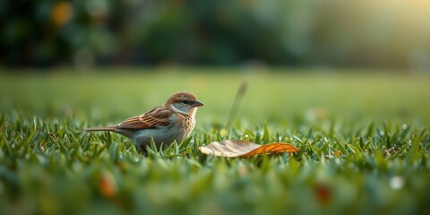 Fototapeta premium A small brown bird rests peacefully in a vibrant green grassy field, a fallen leaf nearby in the soft morning light.