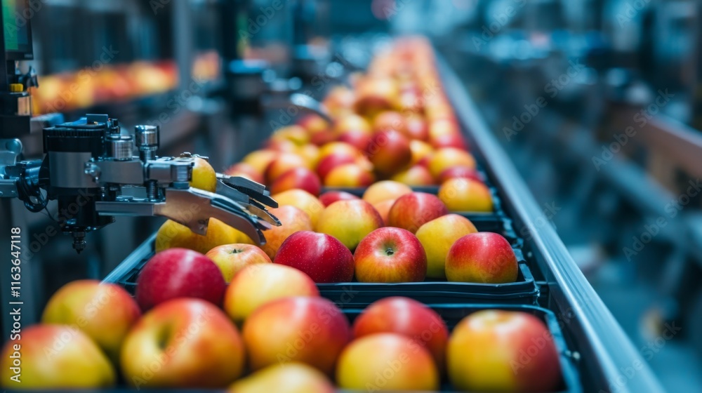 Aufkleber A busy food production line showcases artificial intelligence technology sorting and handling fresh apples. Robotic arms carefully pick and arrange the apples in crates for efficient distribution.