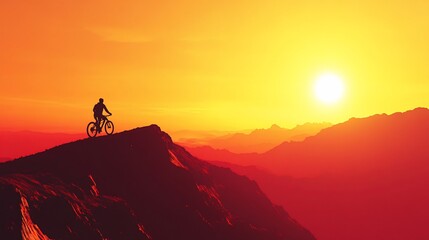 Fototapeta premium Silhouette of cyclist on mountain peak at vibrant sunrise.