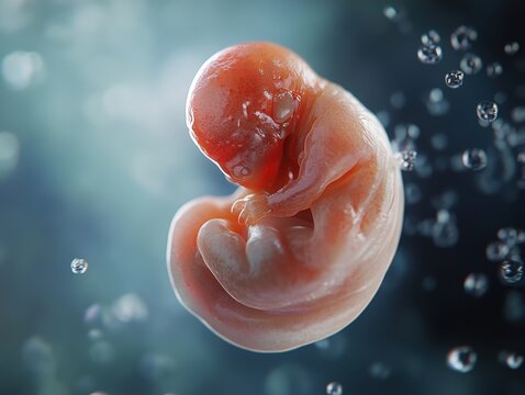 Close-up of a human embryo in fluid, showcasing delicate features and vibrant colors.