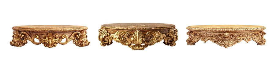 Three Elegant Gold Decorative Platforms Isolated on Transparent Background