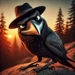 Stylish raven wearing a hat with a fierce expression in a dramatic sunset forest setting
