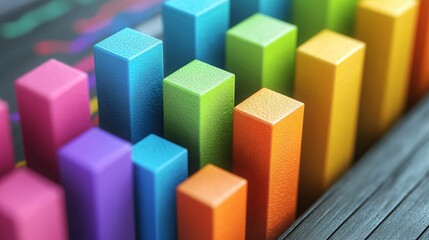 Obraz premium Colorful 3D bar graph in vibrant hues, illustrating growth and analytics concept in a modern business setting.