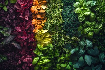 Food and Beverage,sustainable food Vibrant greenery and colorful herbs arranged in a stunning vertical display.