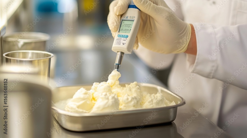 Poster A worker in a food production facility applies ai technology to create whipped cream in a tray. The environment is clean and designed for efficient food processing. Gloves ensure hygiene.