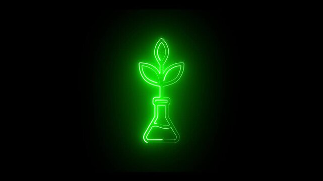 Glowing neon line Plant breeding icon isolated on black background in green color. Plants growing in the test tubes. Organic food ,agriculture and hydroponic. 