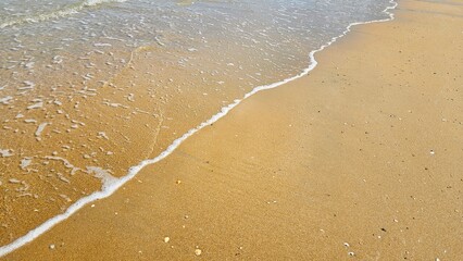 Sea water wave and sand beach with seashell background for decoration on summer holiday and coastal concept.