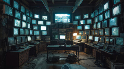 Retro Futuristic Surveillance Room Monitors, Computers, and Cables