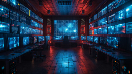 Cybersecurity Command Center Network Monitoring, Data Analysis, Surveillance Room