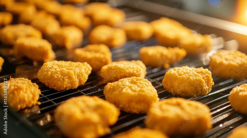 Poster golden-brown food items are arranged on a metal rack in a busy production line. the environment show