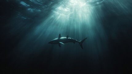 Majestic shark in the deep ocean, sunbeams illuminating the water.