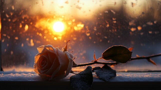 Delicate cream rose on snowy windowsill at sunset through frosted glass. - Powered by Adobe