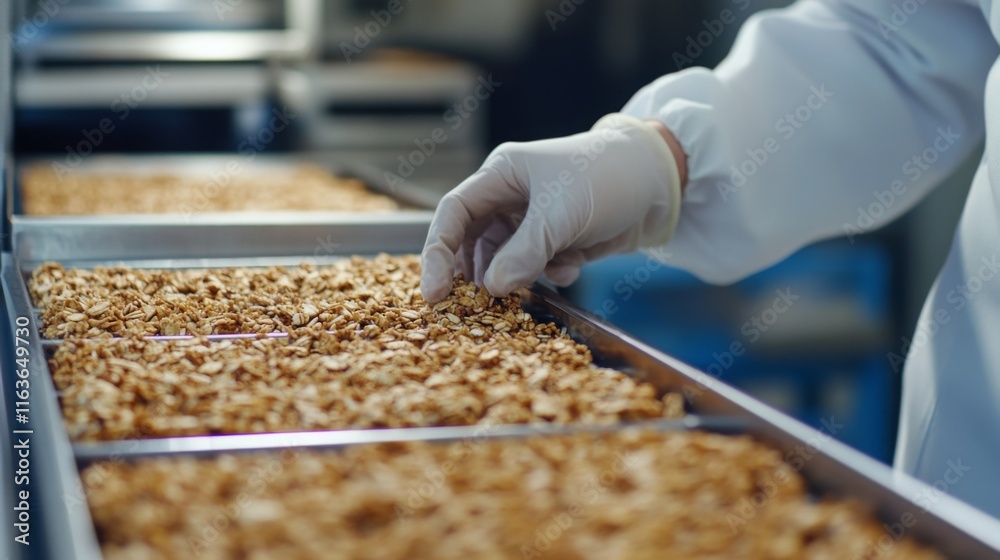 Poster a worker in a sterile white coat and gloves inspects a tray of granola on a food production line. th