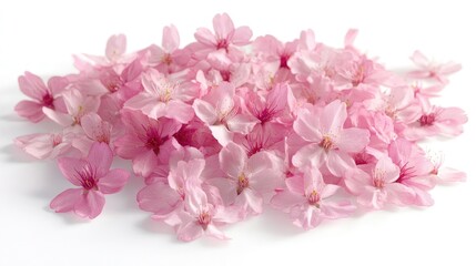 Obraz premium Delicate pile of light pink cherry blossoms on white background.