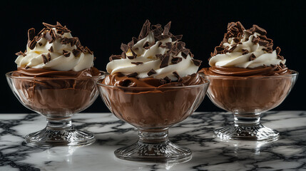 A rich chocolate mousse served in elegant glass cups, topped with whipped cream and chocolate shavings. The smooth, velvety mousse is set on a marble surface