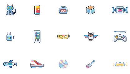 Pixelated Cyberpunk Icon Set for Futuristic Game Themes and Branding, Perfect for UI, Logos, and Visual Enhancements with Vibrant Neon Aesthetic