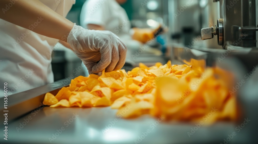 Poster workers use cutting-edge ai technology on a food production line, meticulously sorting fresh produce