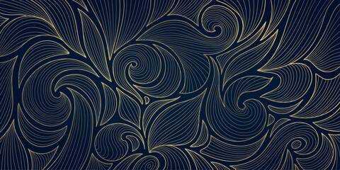 Vector leaf pattern gold line, art deco nature ornament, luxury foliage botanical background. Abstract texture plant design © marylia17