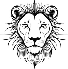 A minimalist lion face mandala illustration in a flat vector art style, set against a pristine white background, featuring intricate and symmetrical line patterns