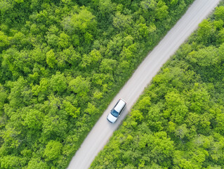 Aerial view of silver vehicle driving through wild forest road in countryside.