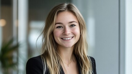 Young woman with a friendly expression, in a business blazer, smiling broadly, in an office environment.
