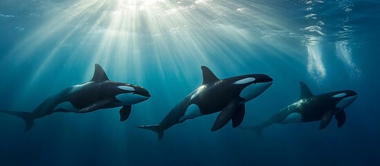 Fototapeta premium Orcas swimming in the ocean, sunlight beams through the water.
