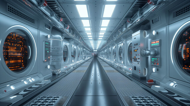 Futuristic Spaceship Corridor with CryoSleep Pods and Control Panels