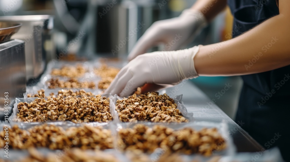 Poster Workers efficiently package granola in trays at a food production line. This process utilizes automation and precision technology to ensure quality and consistency in every batch crafted.